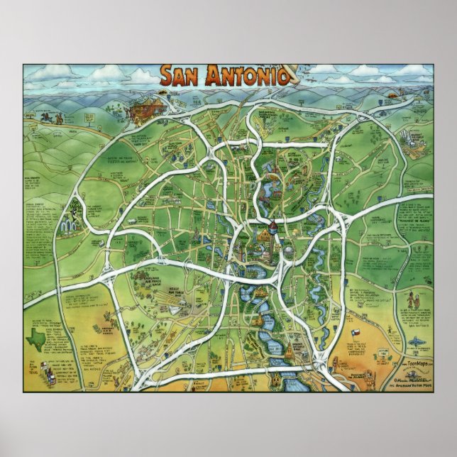 Poster Carte du dessin animé de San Antonio Texas (Devant)
