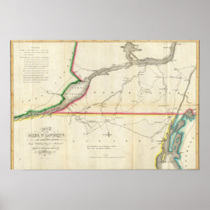 Poster Carte du fleuve Saint-Laurent et du pays voisin