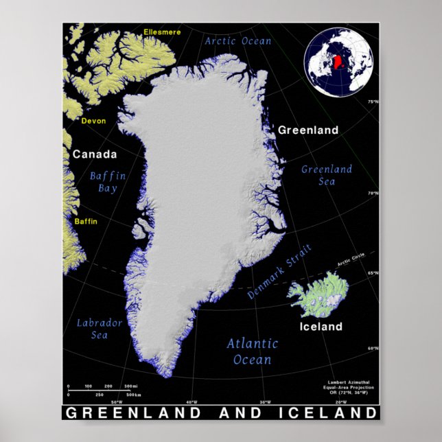 Poster Carte du Groenland et de l'Islande (Devant)