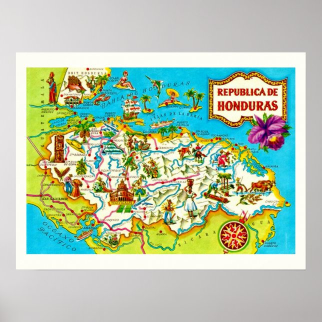 Poster Carte du Honduras vintage Imprimer