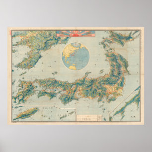 Poster Carte du Japon, de la Corée et de Taïwan Vintages 