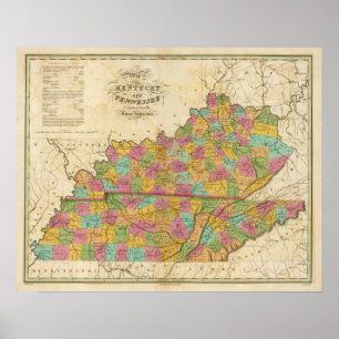 Poster Carte du Kentucky et du Tennessee