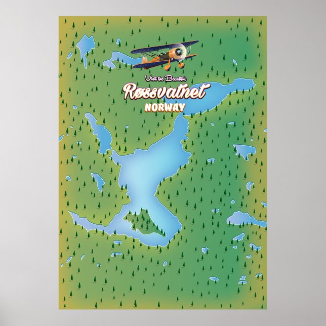 Poster Carte du lac de Røssvatnet Norvège imprimé. (Devant)