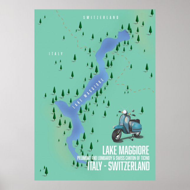 Poster Carte du lac Majeur Italie - Suisse (Devant)
