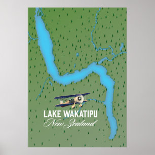 Poster Carte du lac Wakatipu Nouvelle-Zélande
