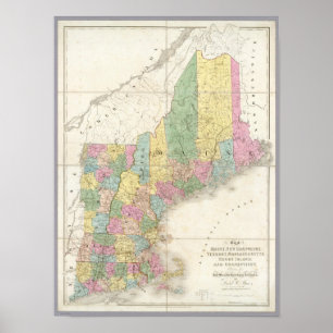 Poster Carte du Maine, New Hampshire, Vermont