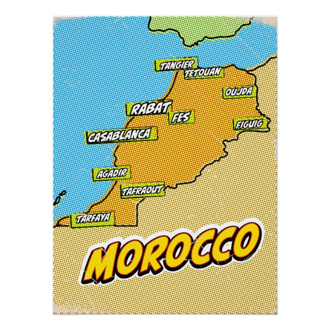 Poster Carte du Maroc illustrée par Pop Art (Devant)