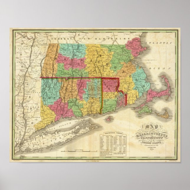 Poster Carte du Massachusetts Connecticut Et Rhode Island (Devant)