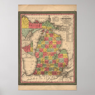 Poster Carte du Michigan, Vintage, 1853