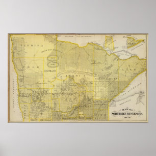 Poster Carte du Minnesota du nord, 1874