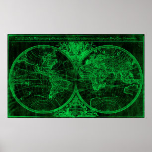 Poster Carte du monde (1691) Noir et vert
