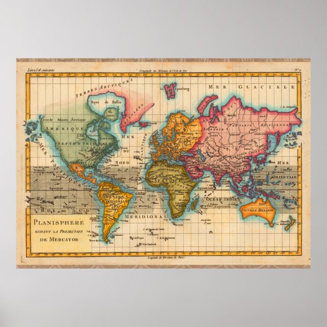 Poster Carte du monde 1700s Antique (Devant)