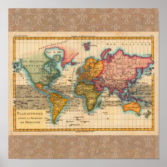 Poster Carte du monde 1700s Antique (Devant)