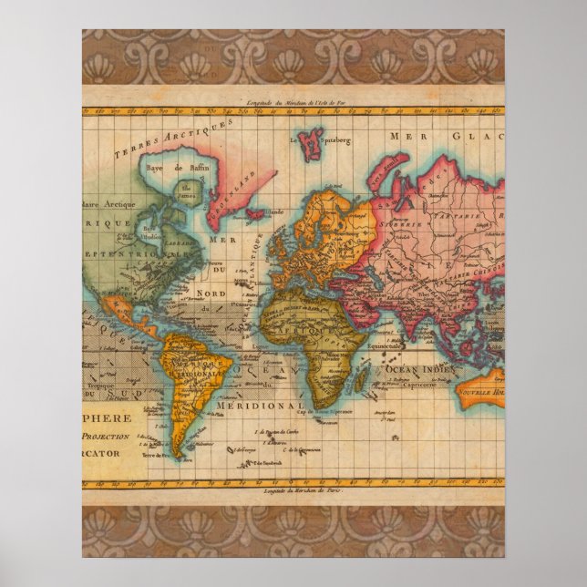 Poster Carte du monde 1700s Antique Continents (Devant)