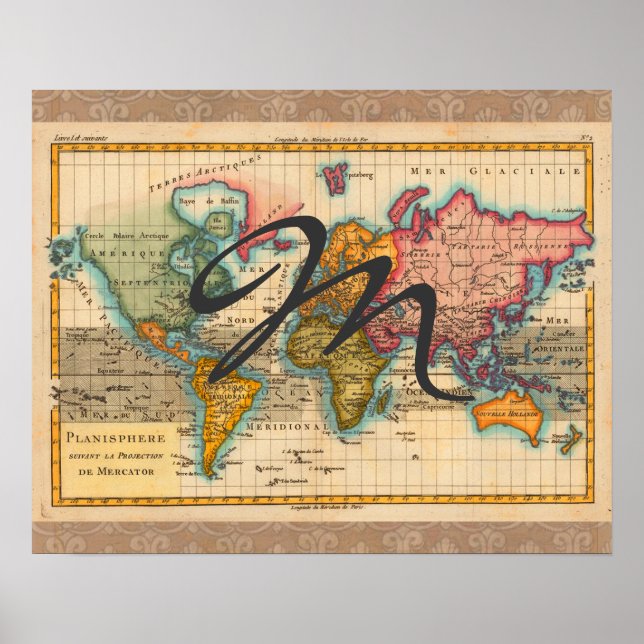 Poster Carte du monde 1700s Antique Continents (Devant)
