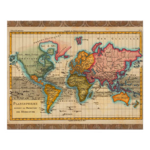 Poster Carte du Monde 1780 Bonne Antique Planisphère