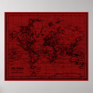 Poster Carte du monde (1899) rouge foncé et noire