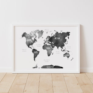 Poster Carte du monde à aquarelle noire Continents & Océa