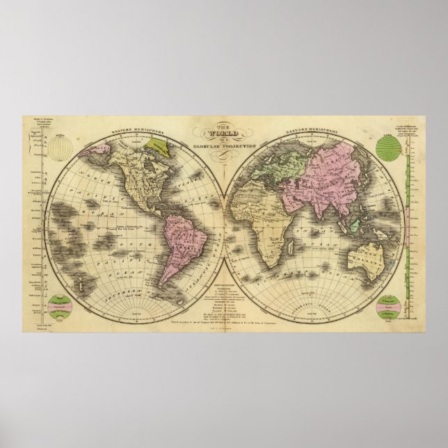 Poster Carte du monde à double hémisphère (Devant)