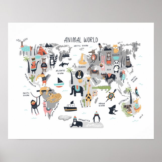 Poster Carte du monde animal (Devant)
