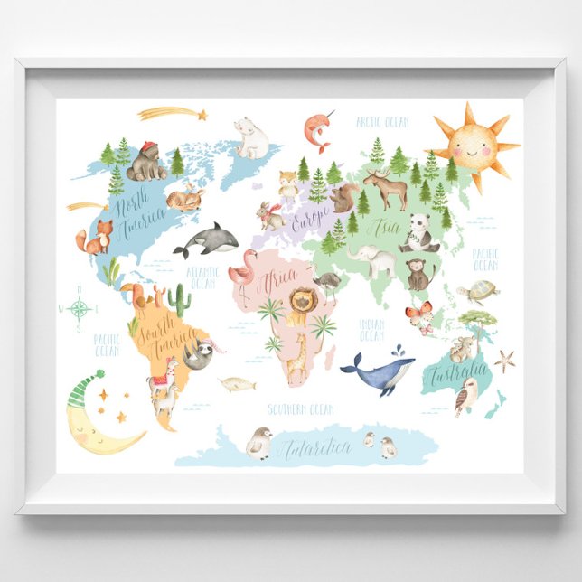 Poster Carte du monde animal Enfants Imprimer, Animaux du (Créateur téléchargé)