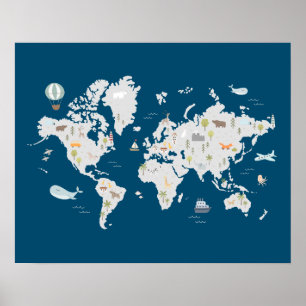 Poster Carte du monde animal mignon