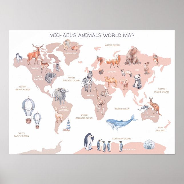 Poster Carte du monde animal, Mur des enfants Art (Devant)