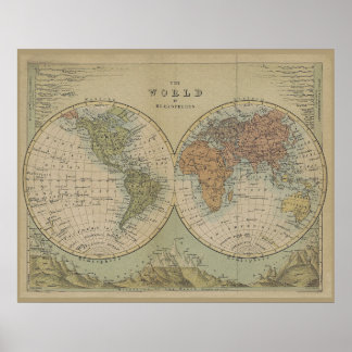 Poster Carte du monde antique des Hémisphères Style Vinta