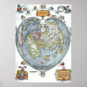 Poster Carte du monde antique en forme de cœur vintage Pe