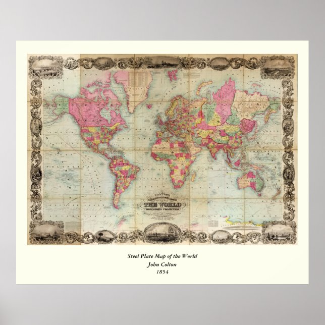 Poster Carte du monde antique par John Colton, vers 1854 (Devant)
