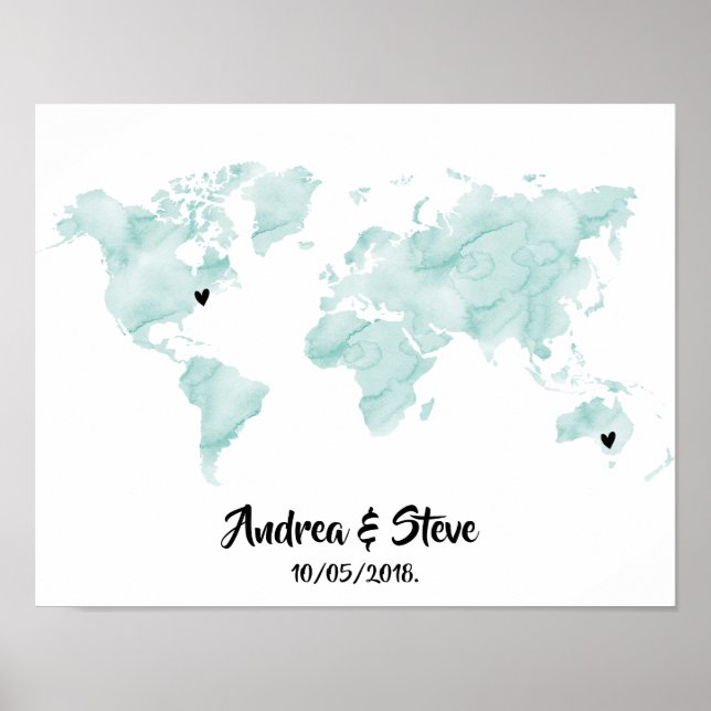 Poster Carte du monde aquarelle avec des coeurs amovibles (Devant)
