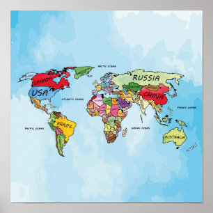 Poster Carte du monde aquarelle illustration