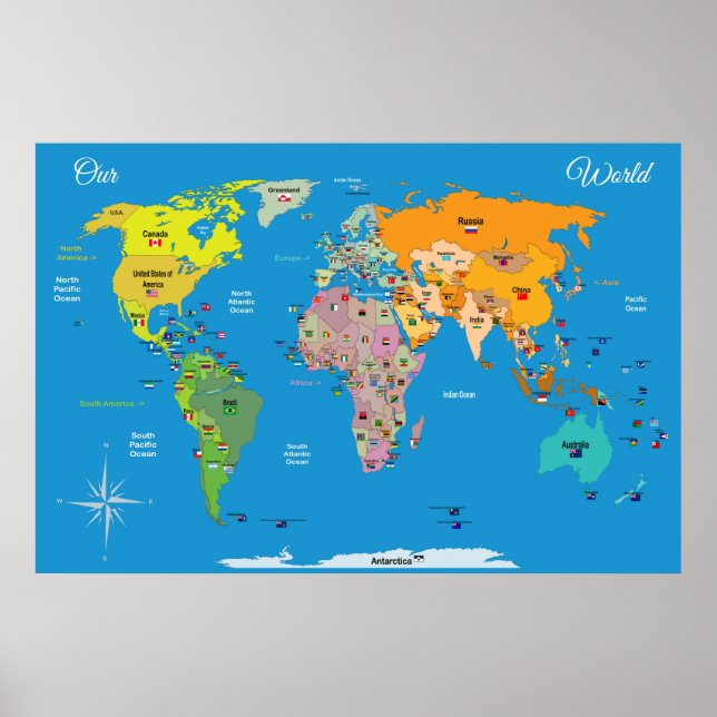 Poster Carte du monde avec drapeaux (Devant)