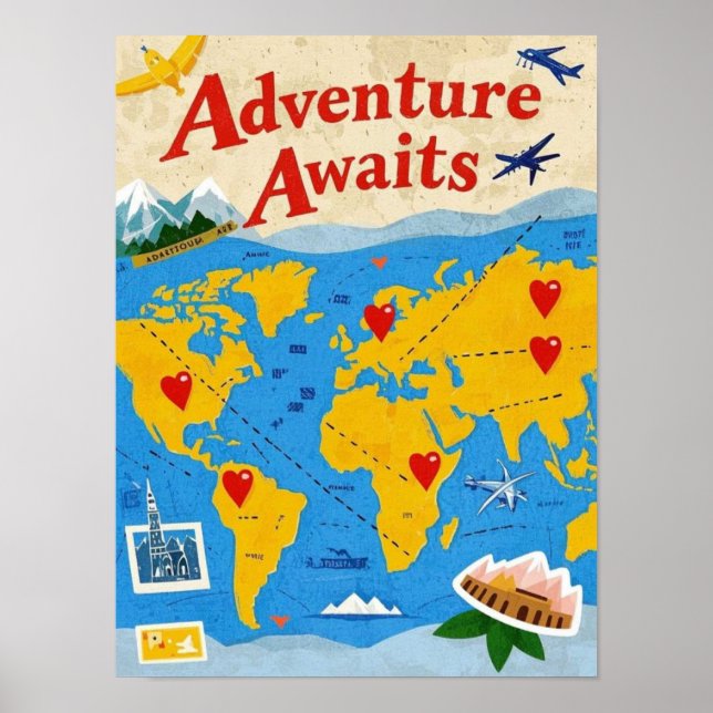 Poster Carte du monde avec épingles et points de repère (Devant)