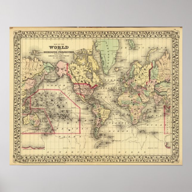 Poster Carte du monde avec les routes maritimes des explo (Devant)