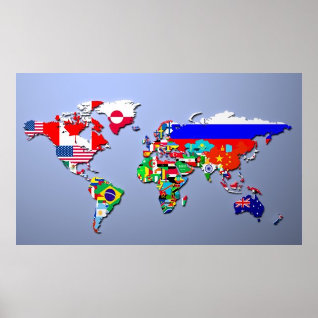 Poster Carte du monde avec leurs drapeaux (Devant)