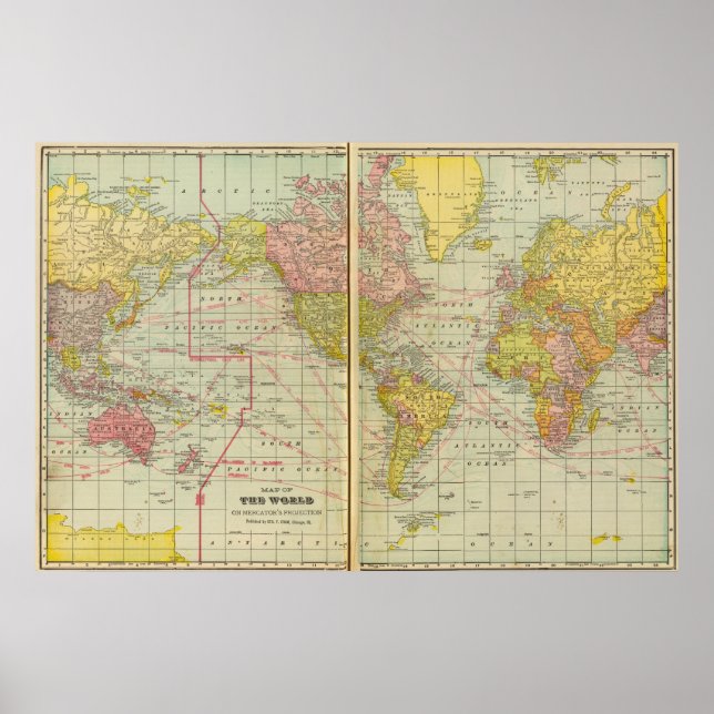 Poster Carte du monde avec voies de navigation (Devant)