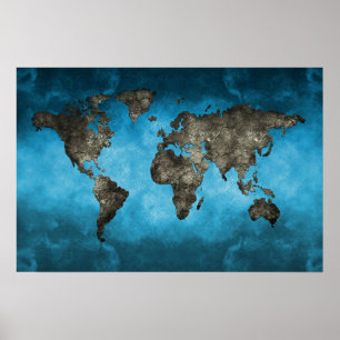 Poster Carte du monde bleu et noir