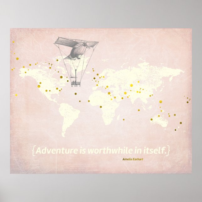 Poster Carte du monde, citation inspirante et feuille d'o (Devant)
