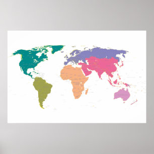 Poster Carte du monde colorée par des continents
