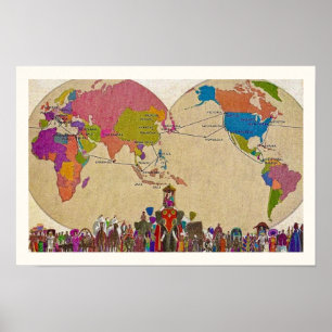Poster Carte du monde colorée vintage