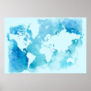 Poster Carte du monde dans des bleus d'aquarelle