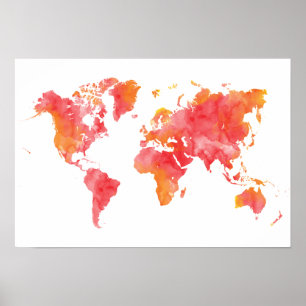 Poster Carte du monde de l'aquarelle couleur chaude