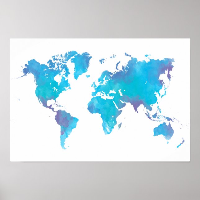 Poster Carte du monde de l'aquarelle couleur cool (Devant)