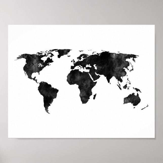 Poster Carte du monde de l'aquarelle noire et blanche (Devant)