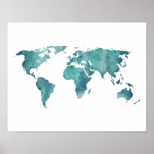 Poster Carte du monde de l'aquarelle turquoise (Devant)