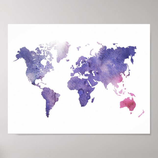 Poster Carte du monde de l'aquarelle violette (Devant)