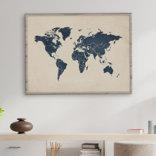 Poster Carte du monde de sable bleu marine
