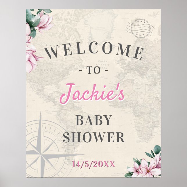 Poster Carte du monde de voyage Baby shower rose Floral B (Devant)