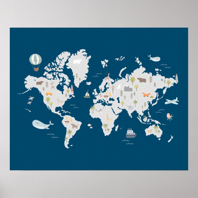 Poster Carte du monde des animaux mignons (Devant)